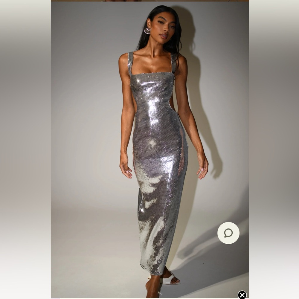 Meshki Adoria Silver Sequin Gown